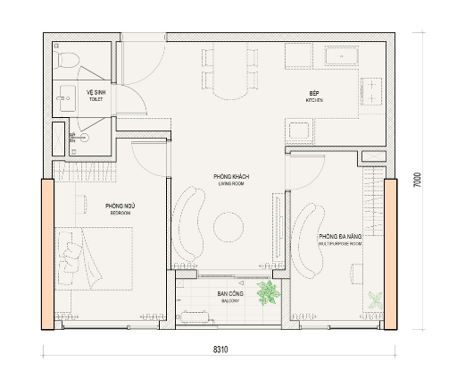 THE NEST - CĂN 1PN+1MR+1WC 50.3 - 56.4M2 - LAYOUT 2D