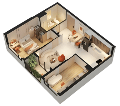 THE NEST - CĂN 1PN+1MR+1WC 50.3 - 56.4M2 - LAYOUT 3D