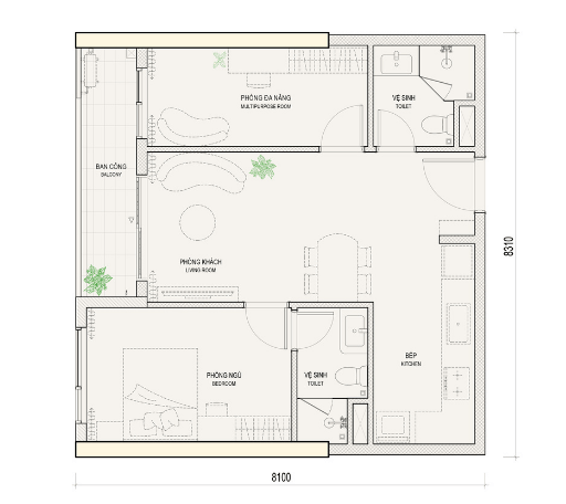 THE NEST - CĂN 1PN+1MR+2WC 56.5 - 59M2 - LAYOUT 2D