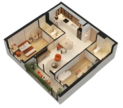 THE NEST - CĂN 1PN+1MR+2WC 56.5 - 59M2 - LAYOUT 3D