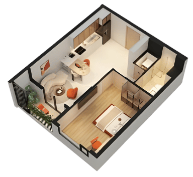 THE NEST - CĂN 1PN+1WC 47.2M2 - LAYOUT 3D