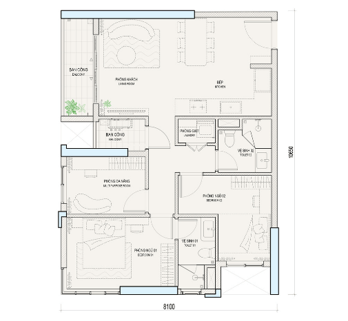 THE NEST - CĂN 2PN+1MR+2WC 72.2 - 101.5 M2 - LAYOUT 2D
