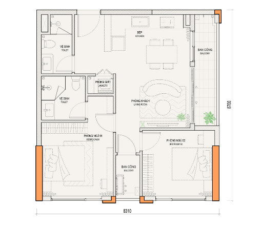 THE NEST - CĂN 2PN+2WC 63.8 - 74M2 - LAYOUT 2D
