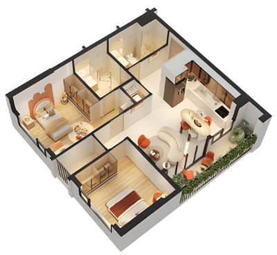 THE NEST - CĂN 2PN+2WC 63.8 - 74M2 - LAYOUT 3D