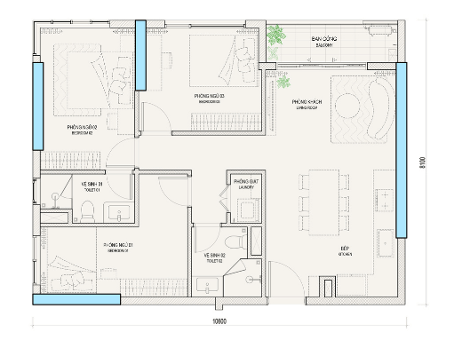 THE NEST - CĂN 3PN+2WC 75.5M2 - LAYOUT 2D