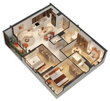 THE NEST - CĂN 3PN+2WC 75.5M2 - LAYOUT 3D