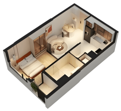THE NEST - CĂN STUDIO 34.8M2 - LAYOUT 3D